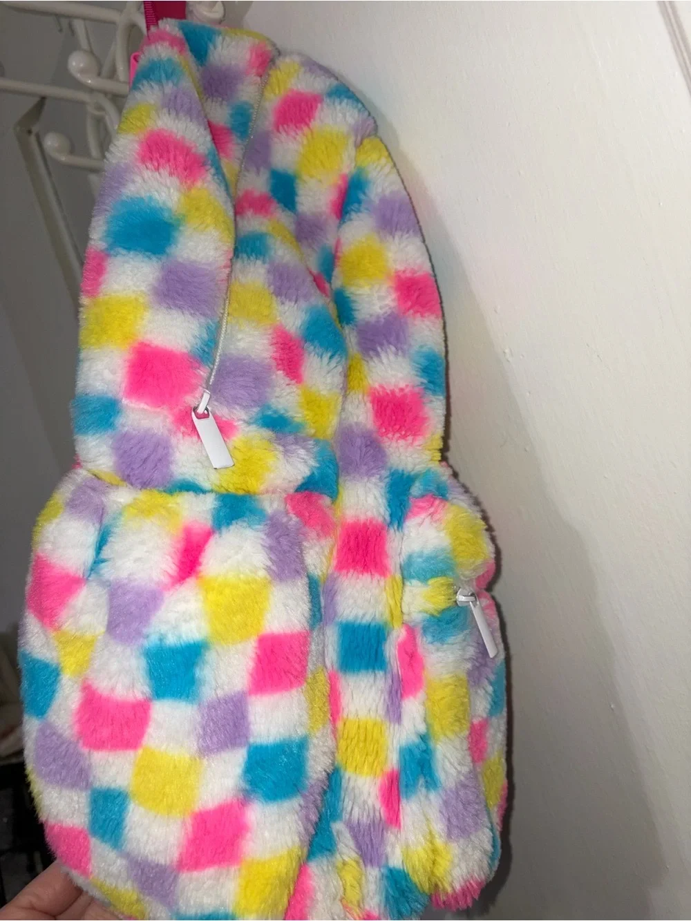 Plush Checkerboard Kids Backpack - Pastel Pink, Blue, Yellow, Purple